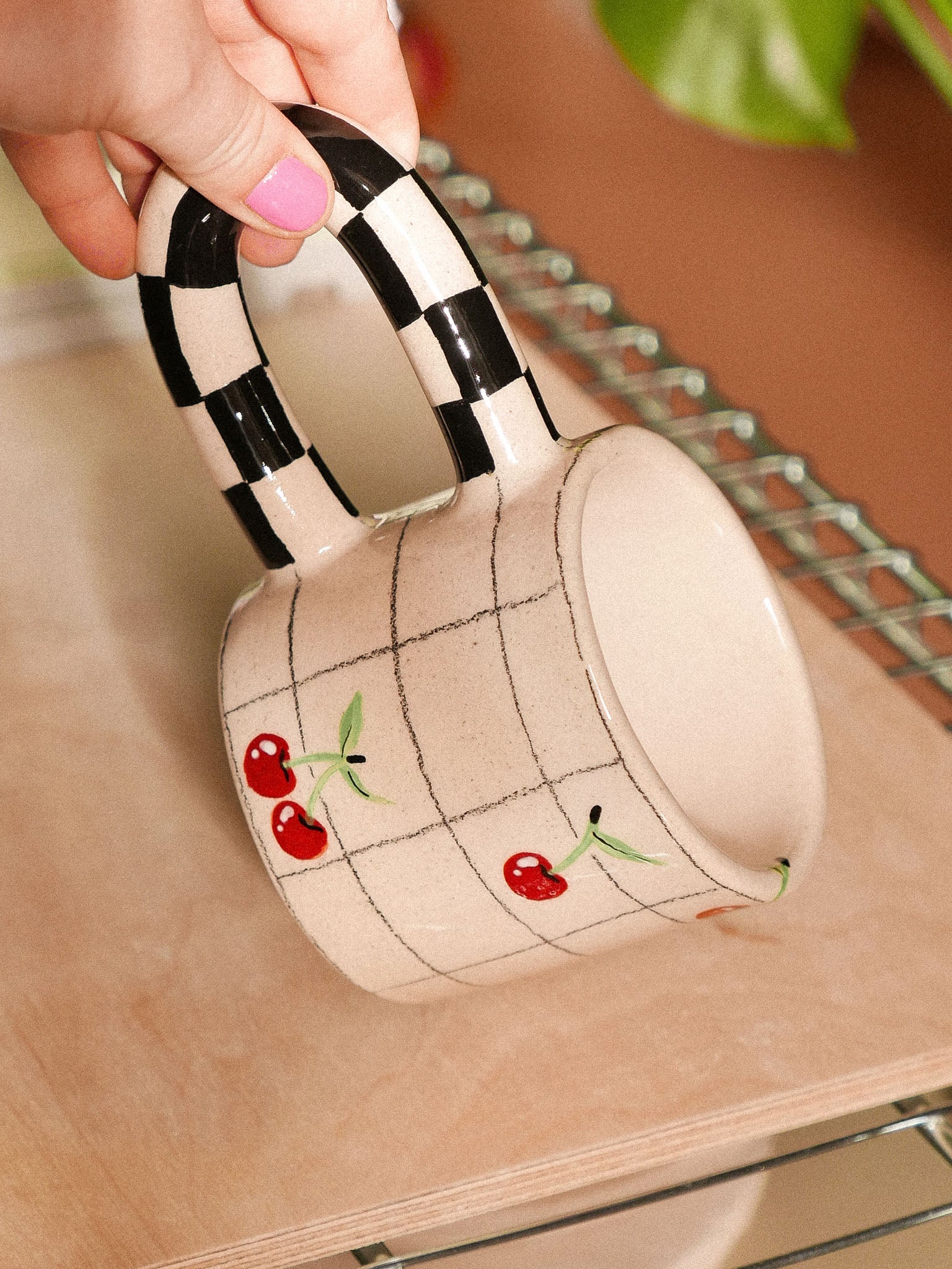 PENCIL GRID CHERRIES HANDMADE CERAMIC MUG.| jeje.things