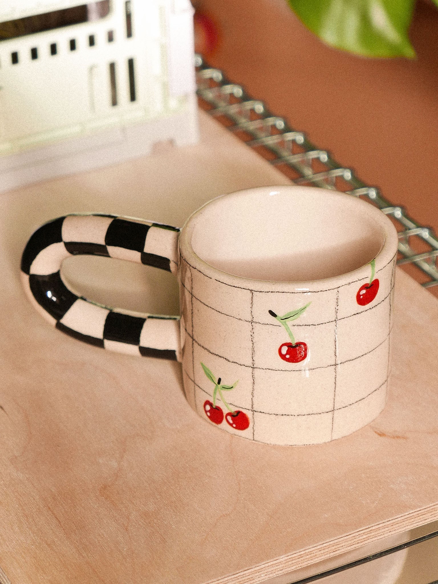 PENCIL GRID CHERRIES HANDMADE CERAMIC MUG.| jeje.things