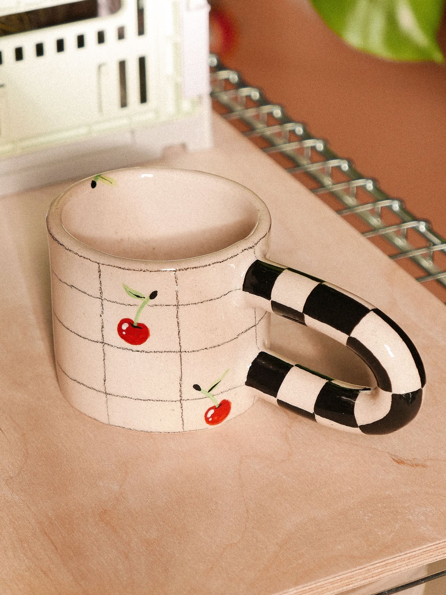 PENCIL GRID CHERRIES HANDMADE CERAMIC MUG.| jeje.things