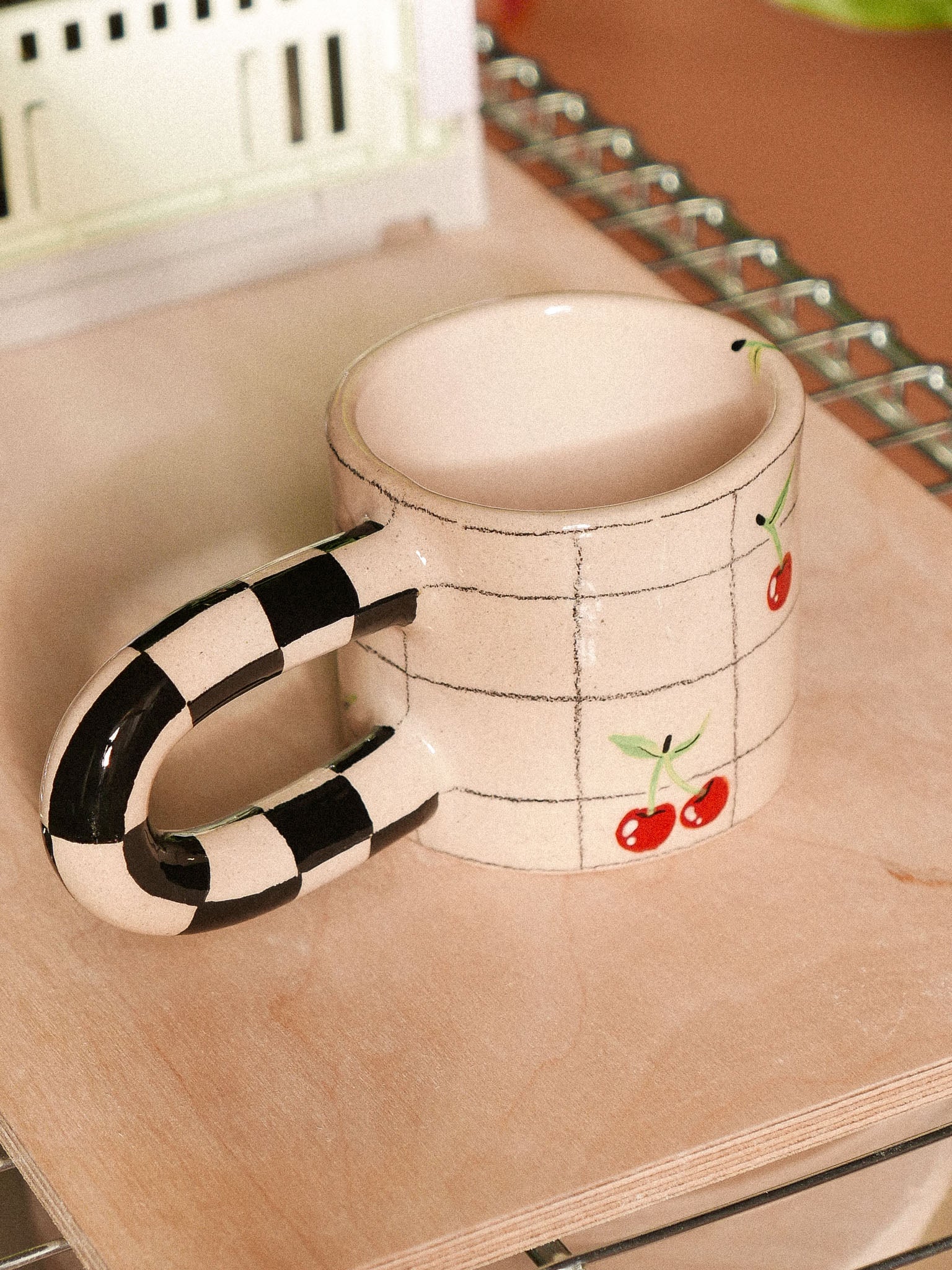 PENCIL GRID CHERRIES HANDMADE CERAMIC MUG.| jeje.things